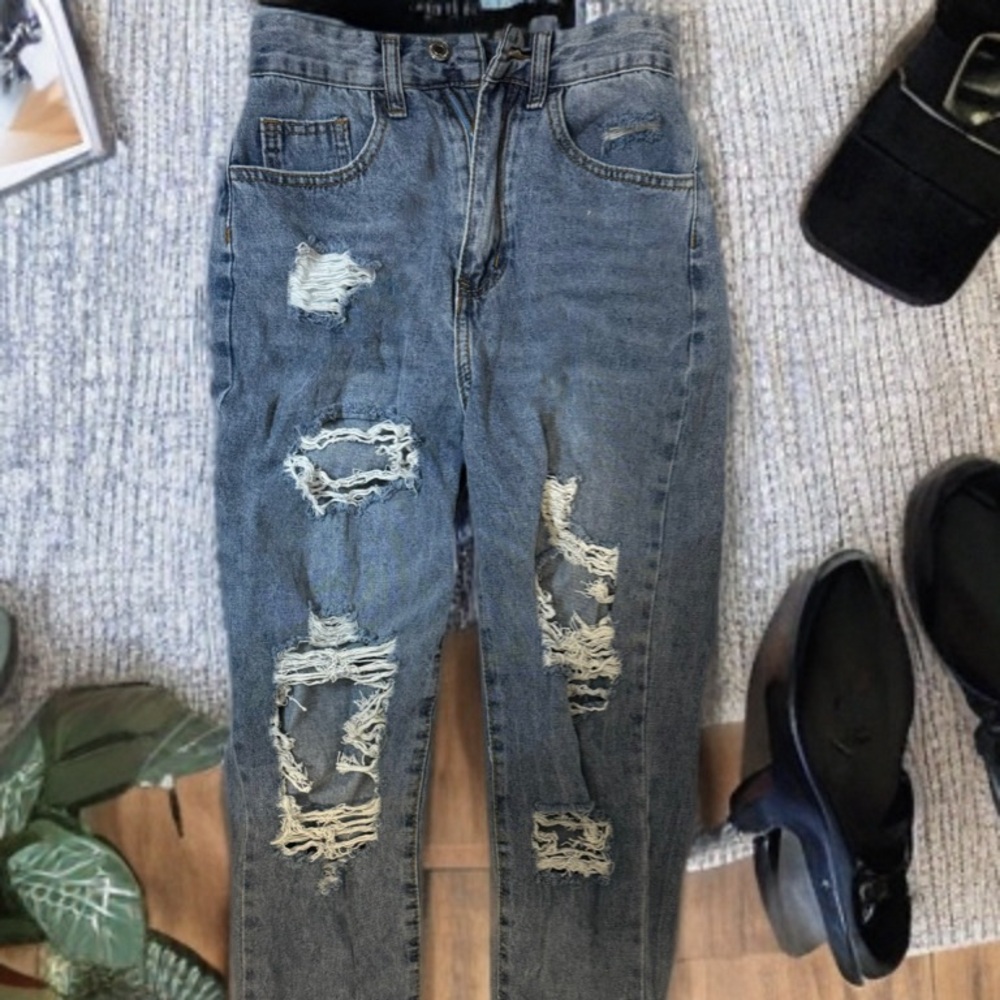 Mid-wash blue ripped boyfriend jeans